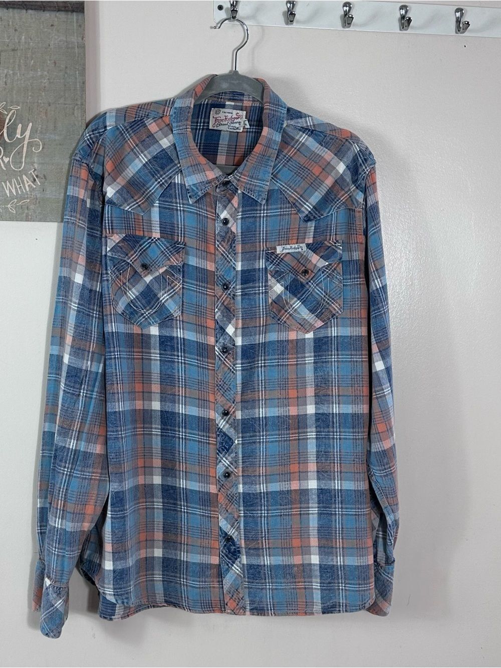 True Religion Blue and Peach Plaid Button-Down Shirt